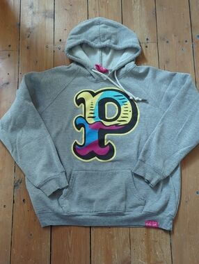246-Pink Dolphin Gray Crewneck Hoodie with Colorful 'P' Graphic